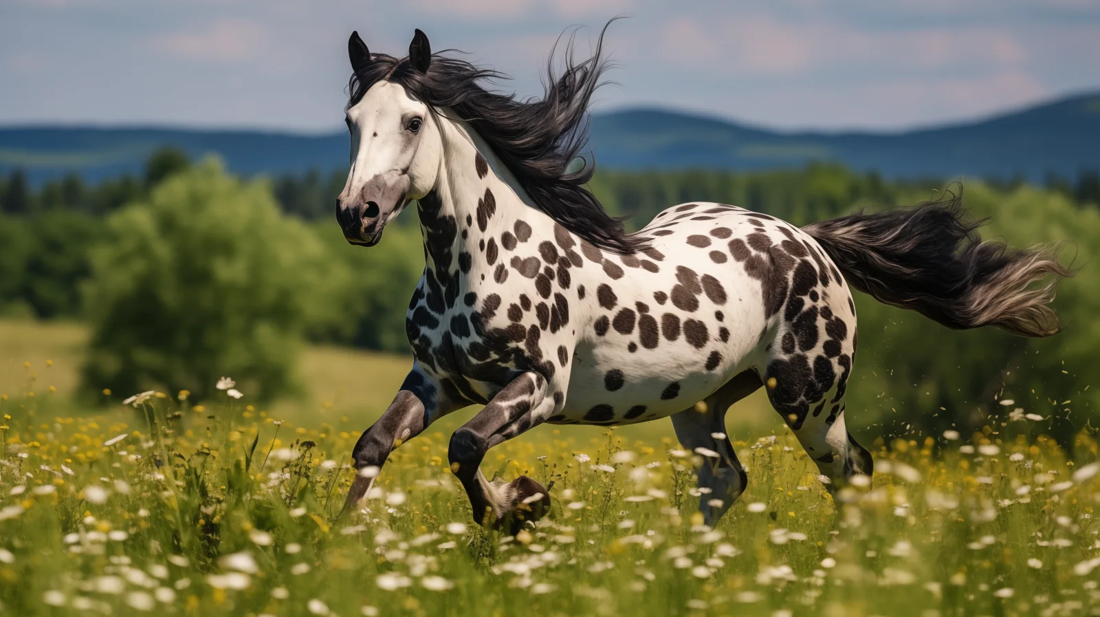 Weißes Pferd in schwarzen auf Wiese