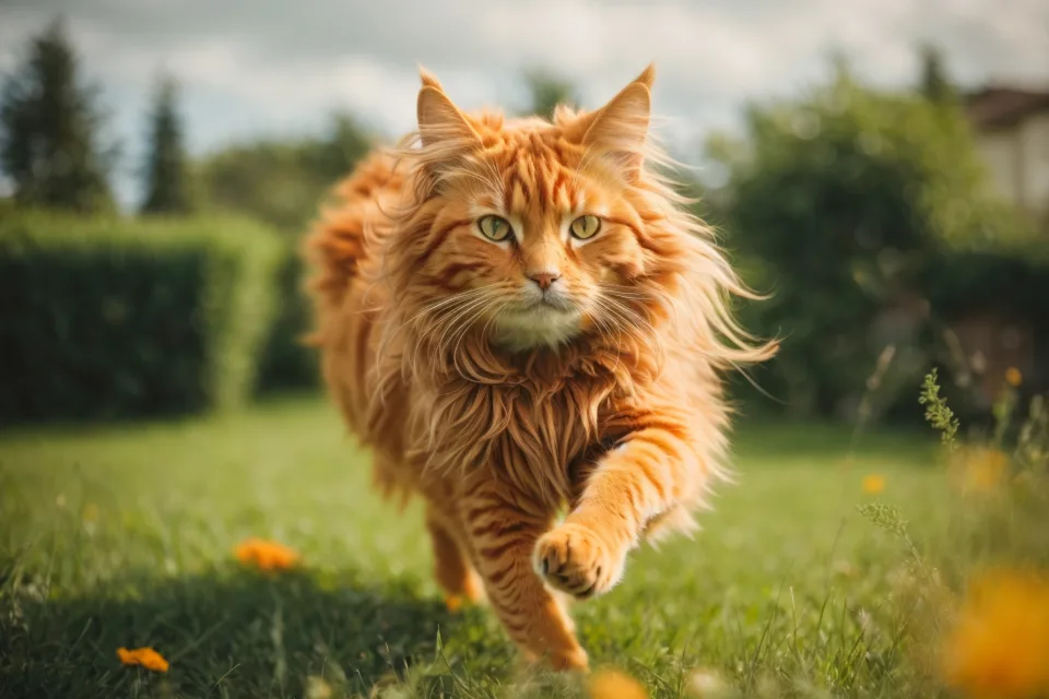 Flauschiger roter Kater läuft entlang grünen Gras
