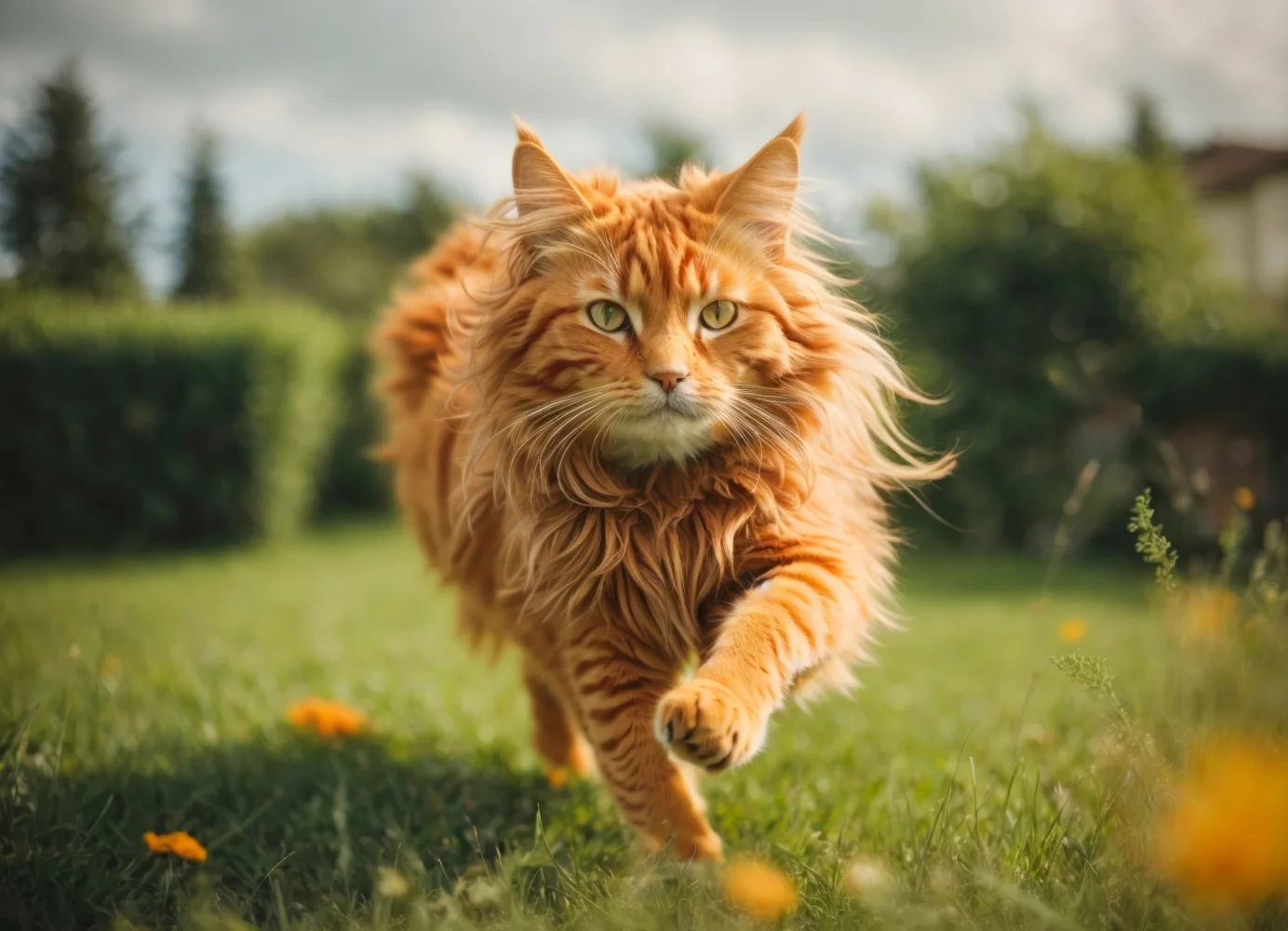 Flauschiger roter Kater läuft entlang grünen Gras