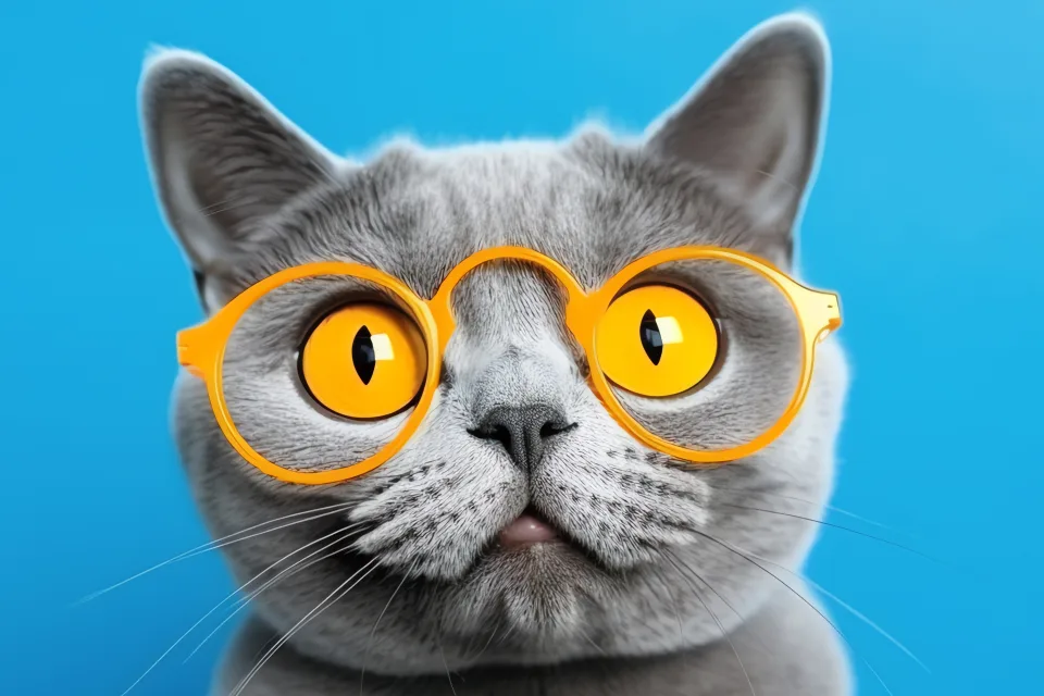 Graue Katze in gelben Brille vor hellblauem Hintergrund