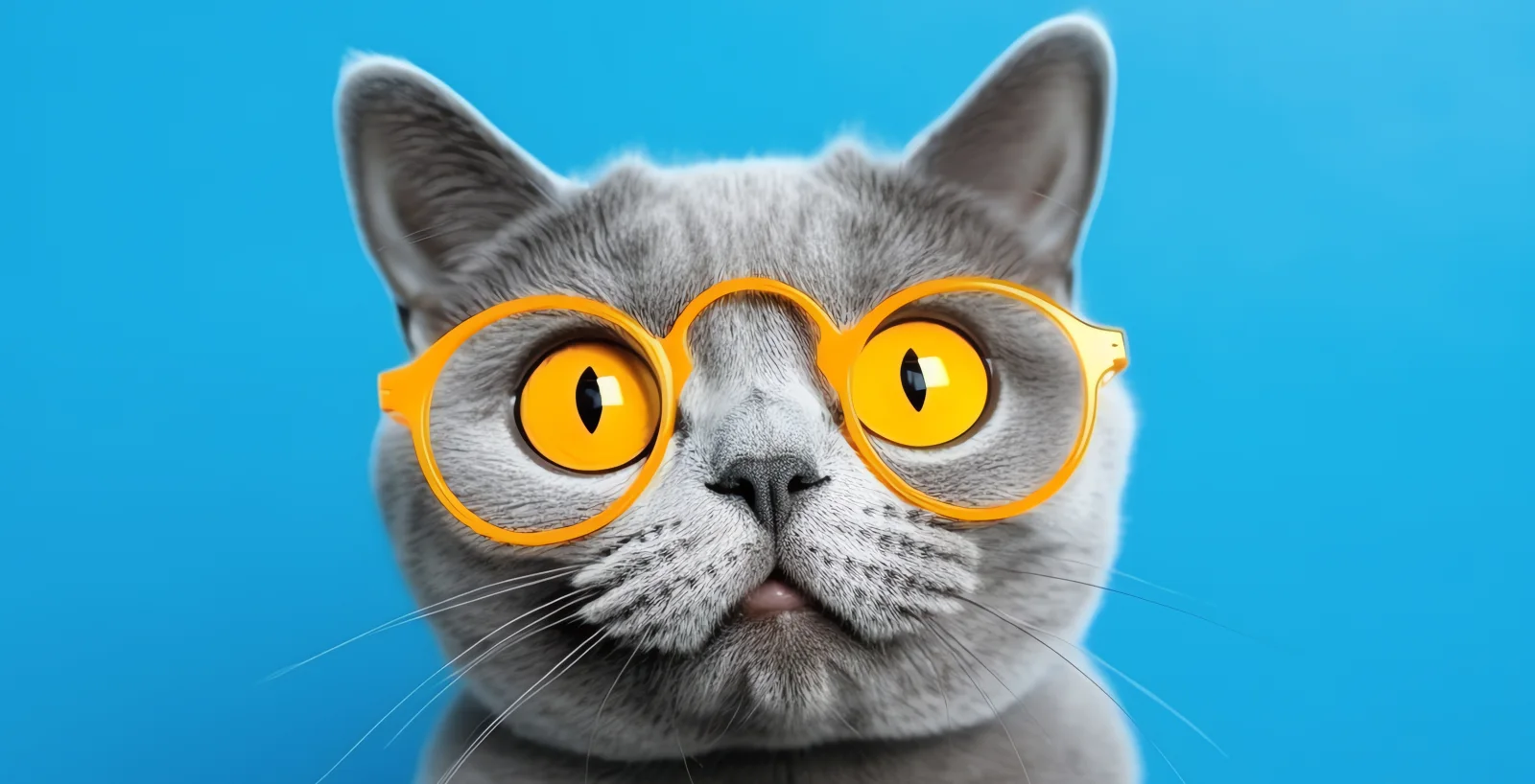 Graue Katze in gelben Brille vor hellblauem Hintergrund