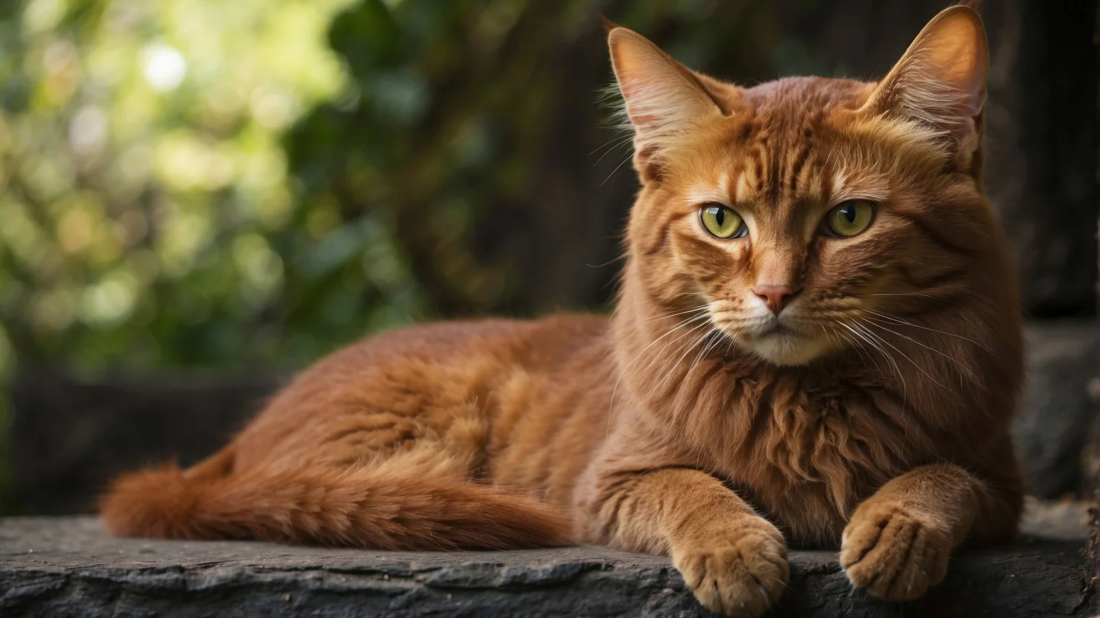 Großer roter Kater liegt auf einem Stein