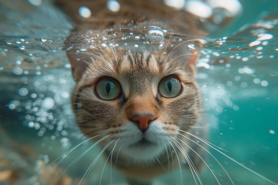 Grünäugig Katze unter Wasser