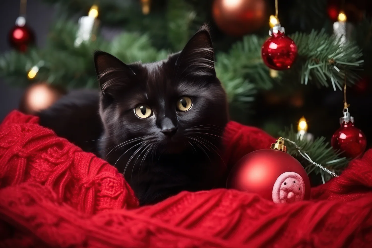 Schwarze Katze mit bei festlichen Fichte