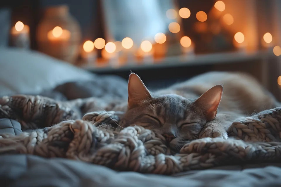 Zufriedener Katze schläft auf Bett