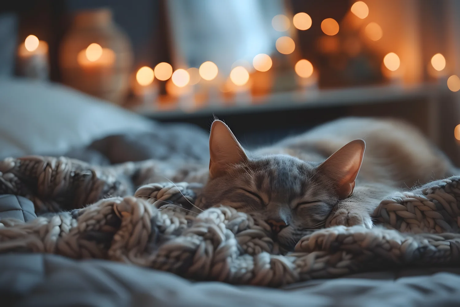 Zufriedener Katze schläft auf Bett