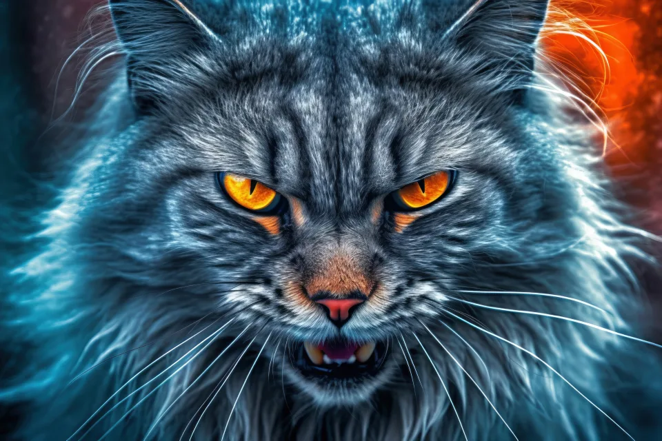 Graue flauschige Katze mit Augen