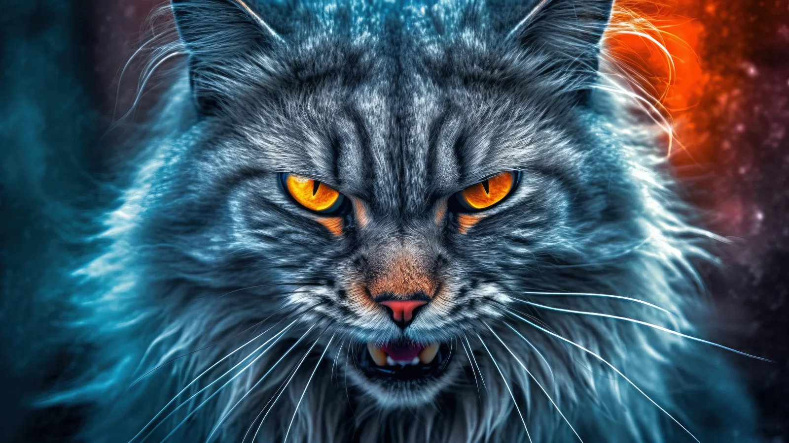 Graue flauschige Katze mit Augen