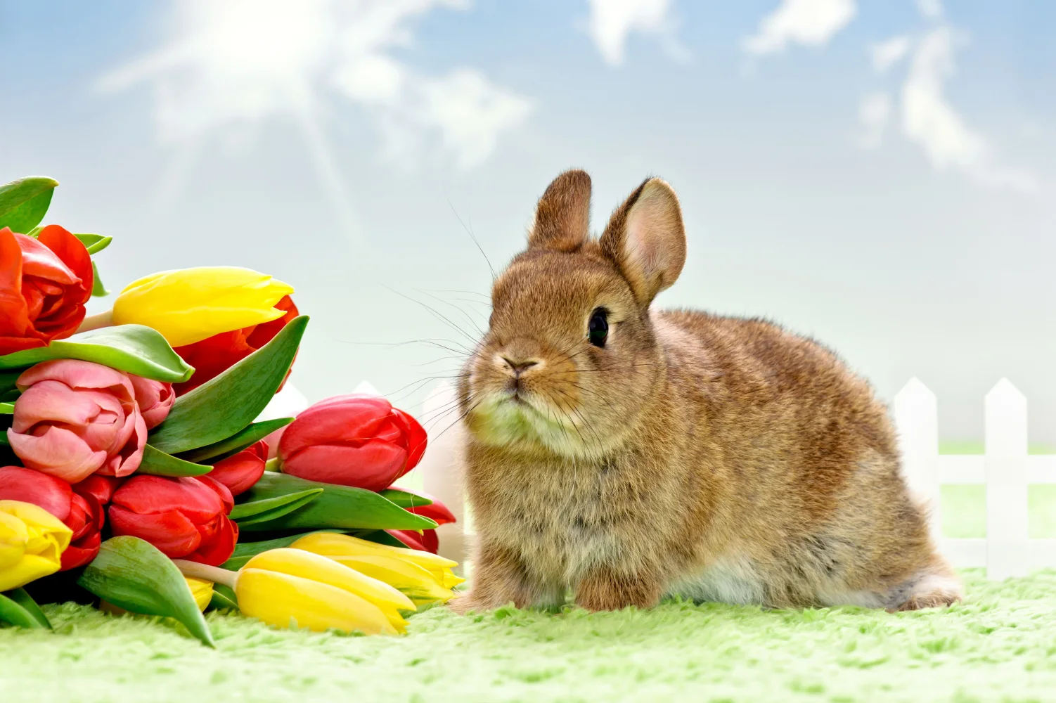 Kaninchen mit Blumenstrauß Tulpen
