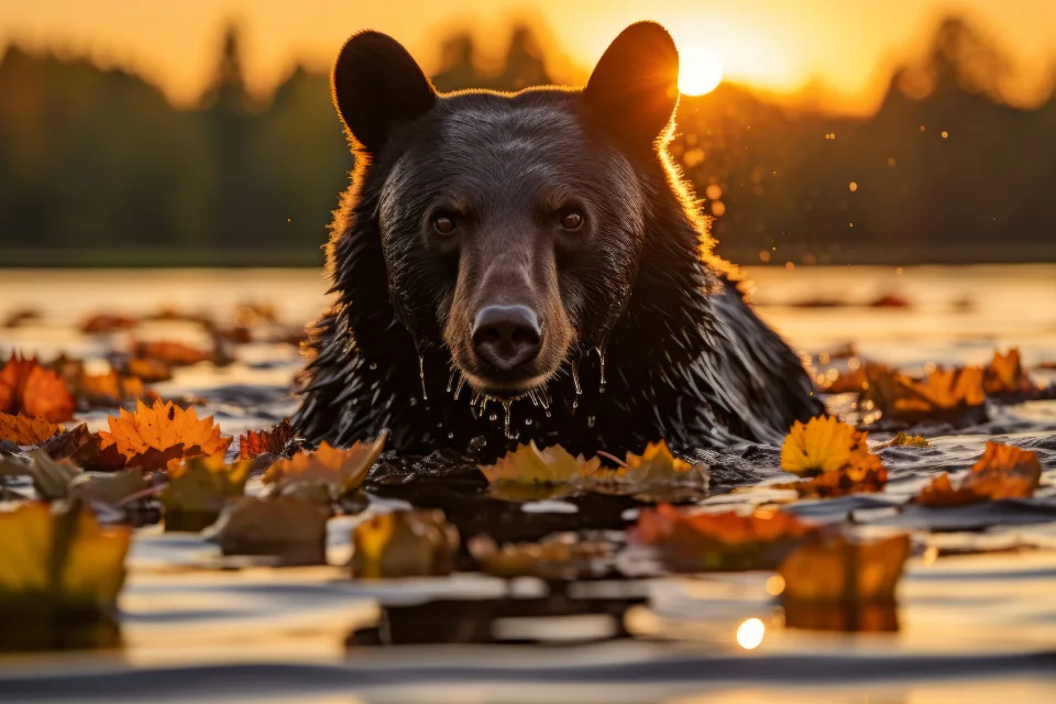 Großer Braunbär im Wasser bei Sonnenuntergang