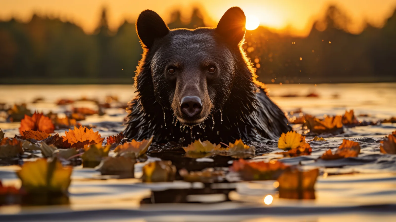 Großer Braunbär im Wasser bei Sonnenuntergang