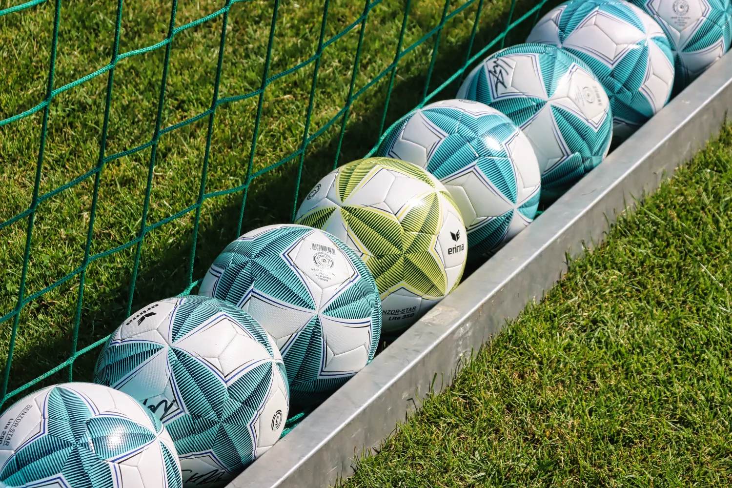 Fußball Ball liegen bei Netze im Gras