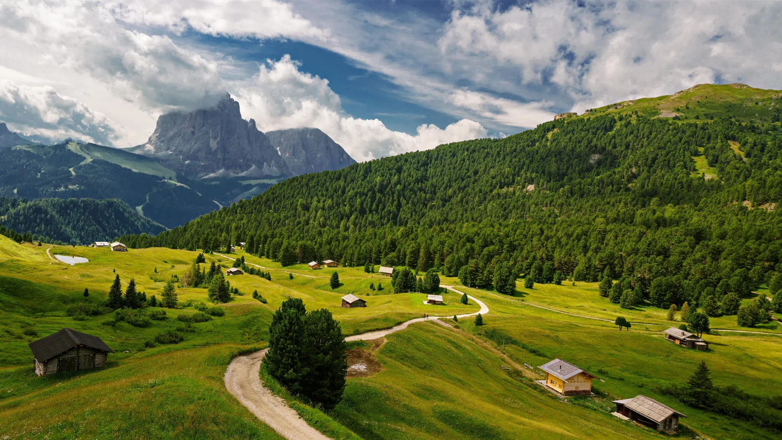 Blick auf Wald und Alpen unter weißen Wolken, Italien