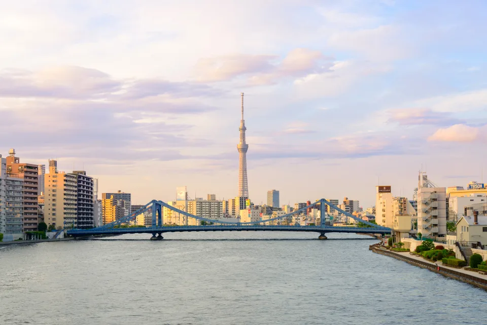 Panorama Stadt Tokio vor einer Flusskulisse, Japan