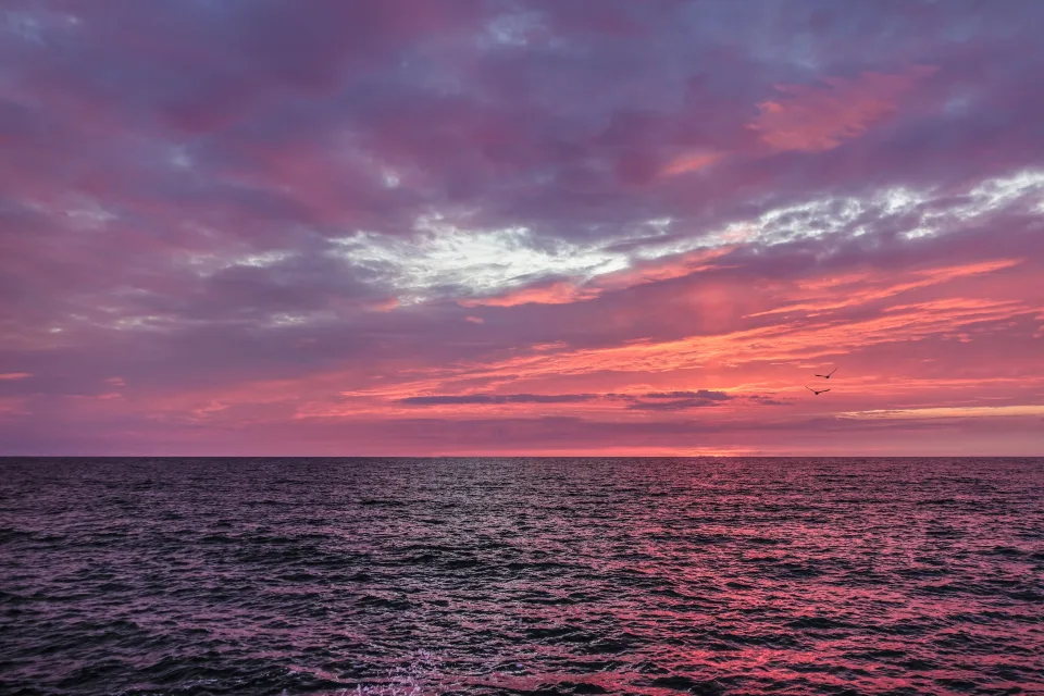 Schöner rosa Sonnenuntergang in Himmel über dem Meer