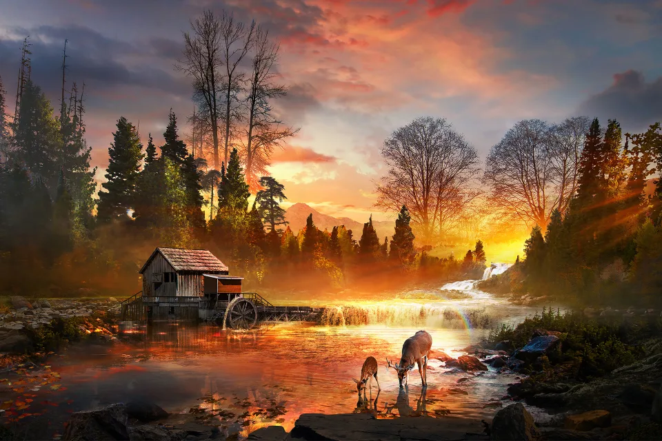 Sonnenuntergang Sonne bei Wald Fluss mit Alten Haus