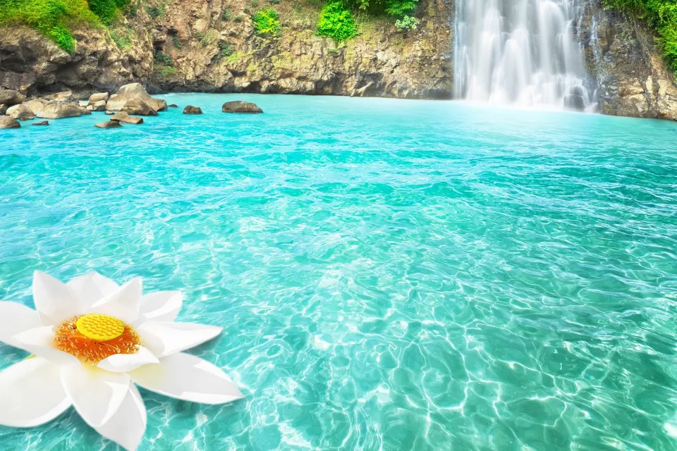 Große weiße Blume in hellblauer Wasser am Wasserfall