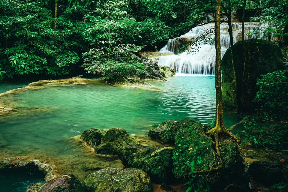 Klares hellblaues Wasser des Waldwasserfalls