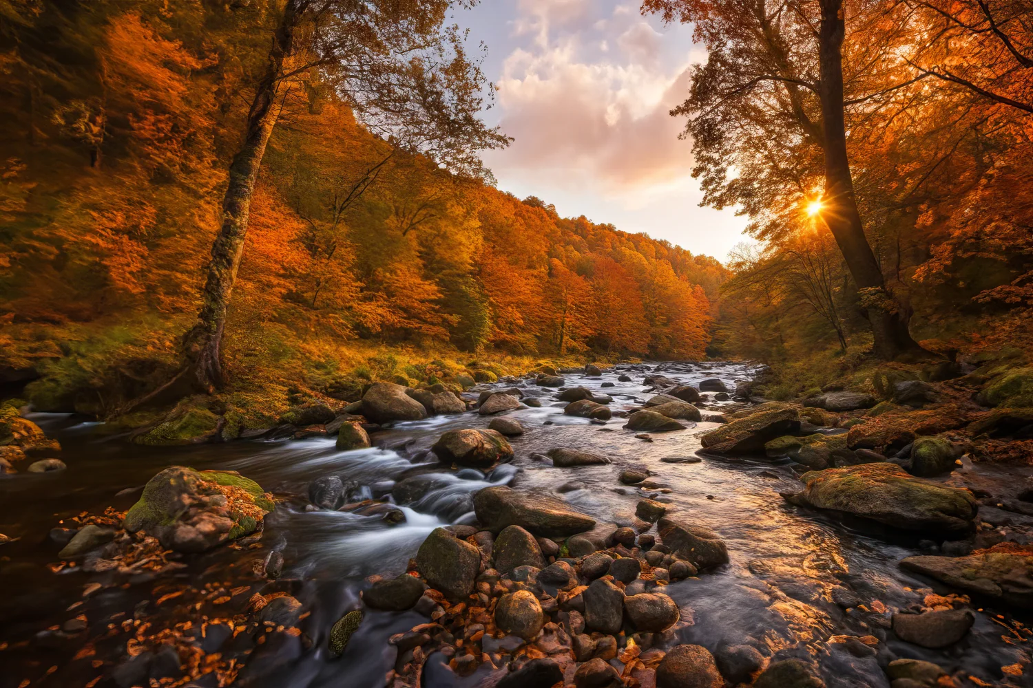 Große Felsen im Fluss im Sonnenlicht im Herbst