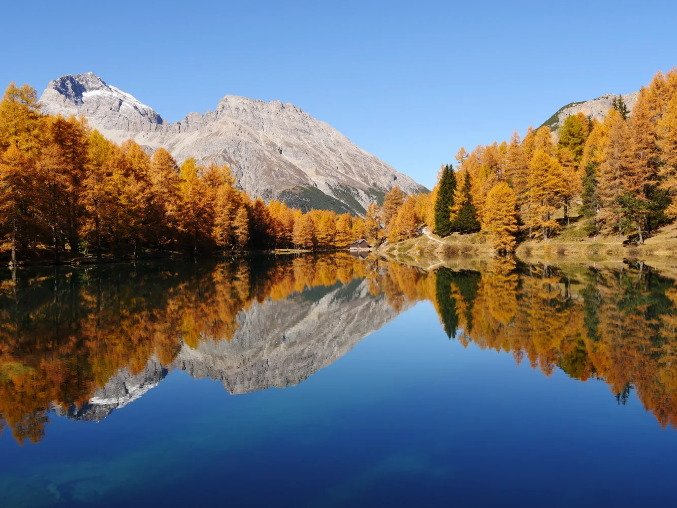 Herbstlicher Wald und Berg spiegeln sich im See
