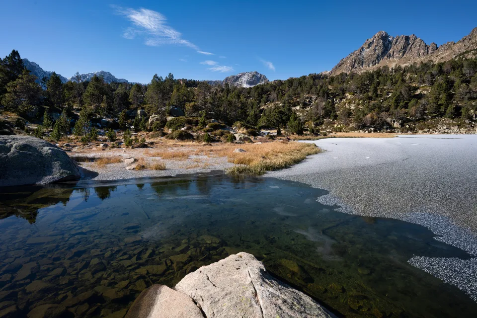 Bedecktes Eis kaltes Berg See unter hellblauem Himmel