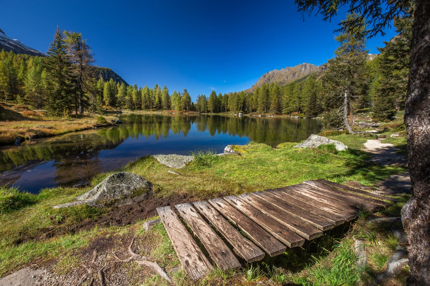 Brücke am Seeufer in den Bergenn unter hellblauem Himmel
