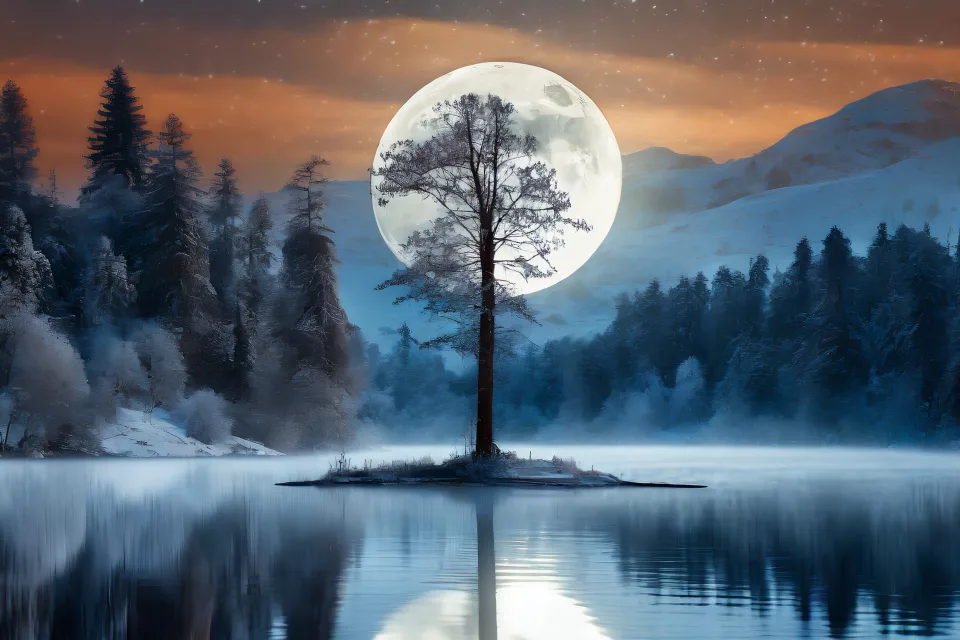 Großer weißer Mond hinter am See in den Bergenn