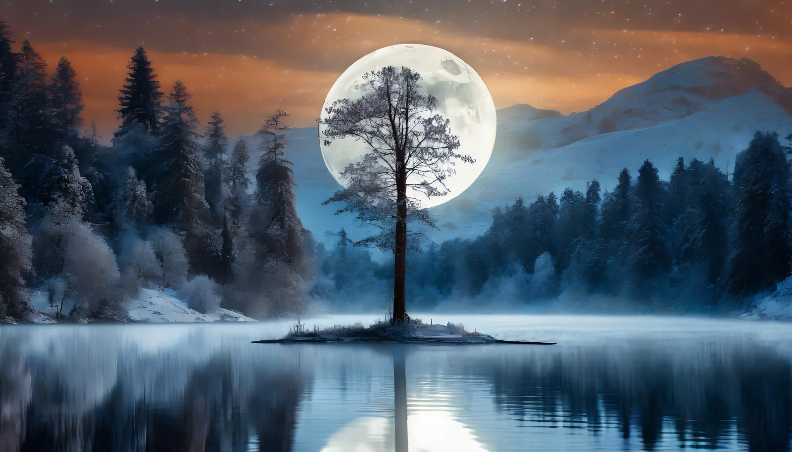 Großer weißer Mond hinter am See in den Bergenn