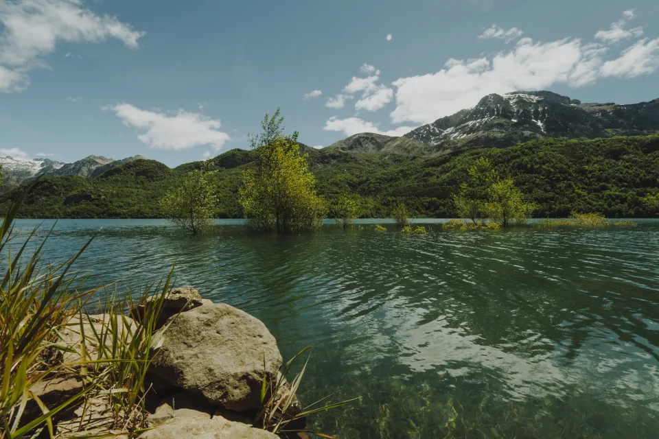 Grünes Wasser im Fluss vor einer Bergkulisse