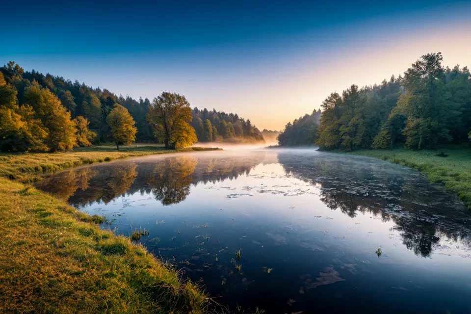 Nebel über stillen Fluss bei Sonnenaufgang