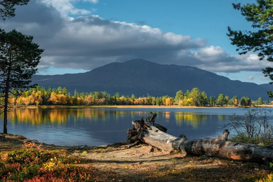 Schöner Blick auf See und Berg im Herbst