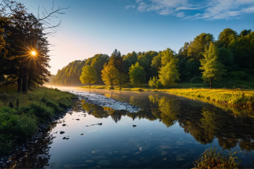 Sonnenaufgang über stillen Fluss im Sommer