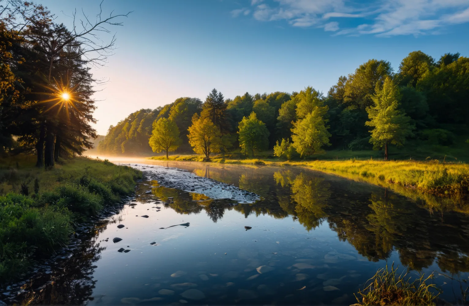 Sonnenaufgang über stillen Fluss im Sommer