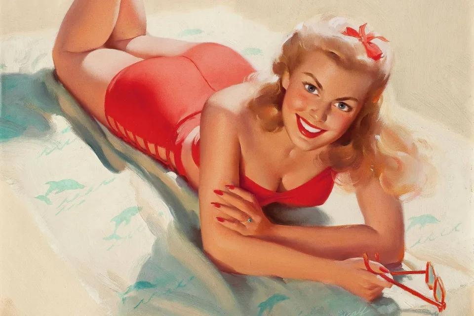 Frau in rotem Badeanzug, Retro