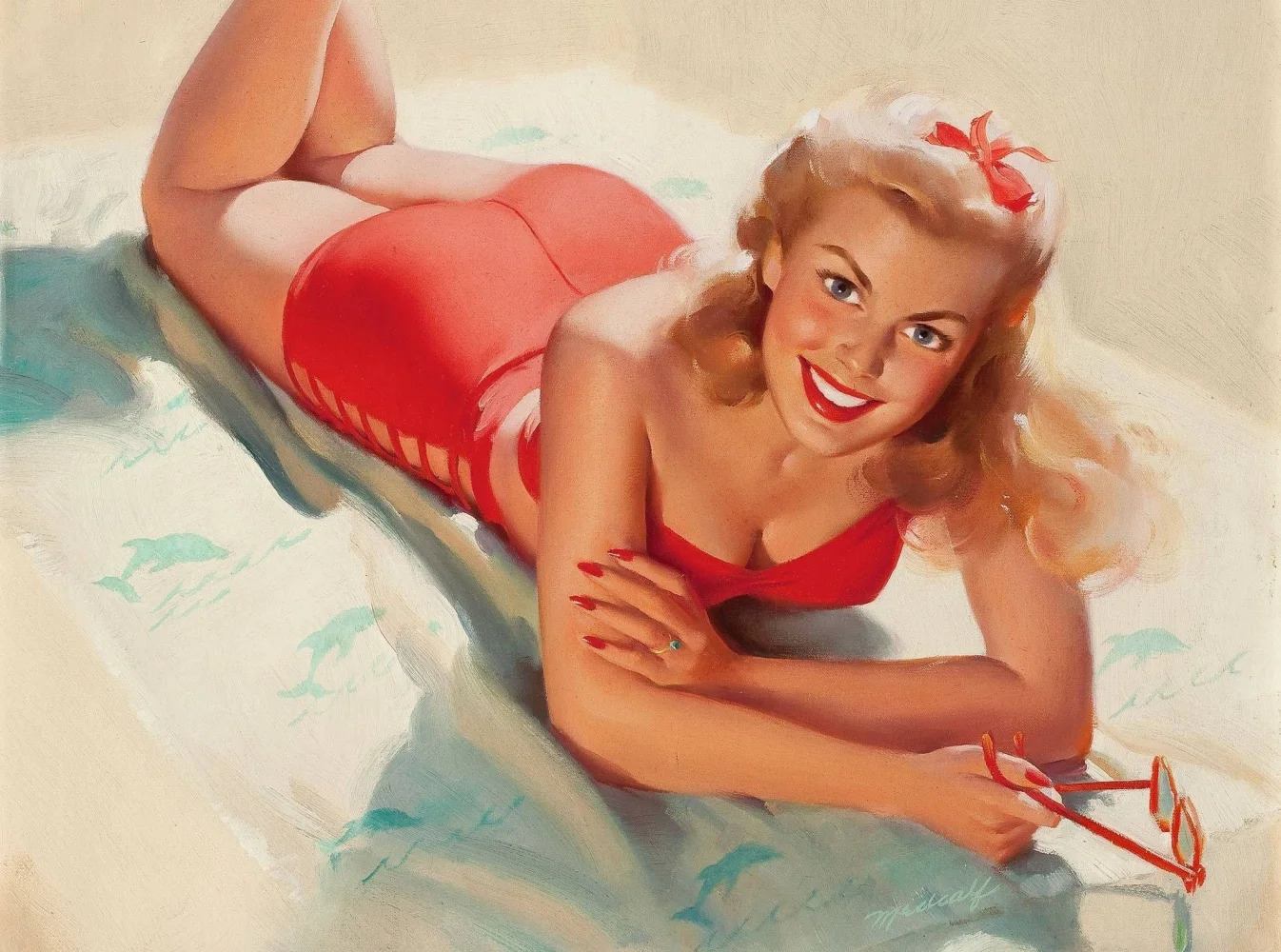 Frau in rotem Badeanzug, Retro