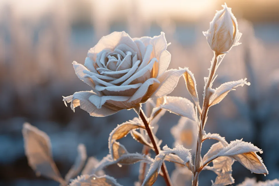 Bedeckte Raureif Rose mit Knospe im Sonnenlicht