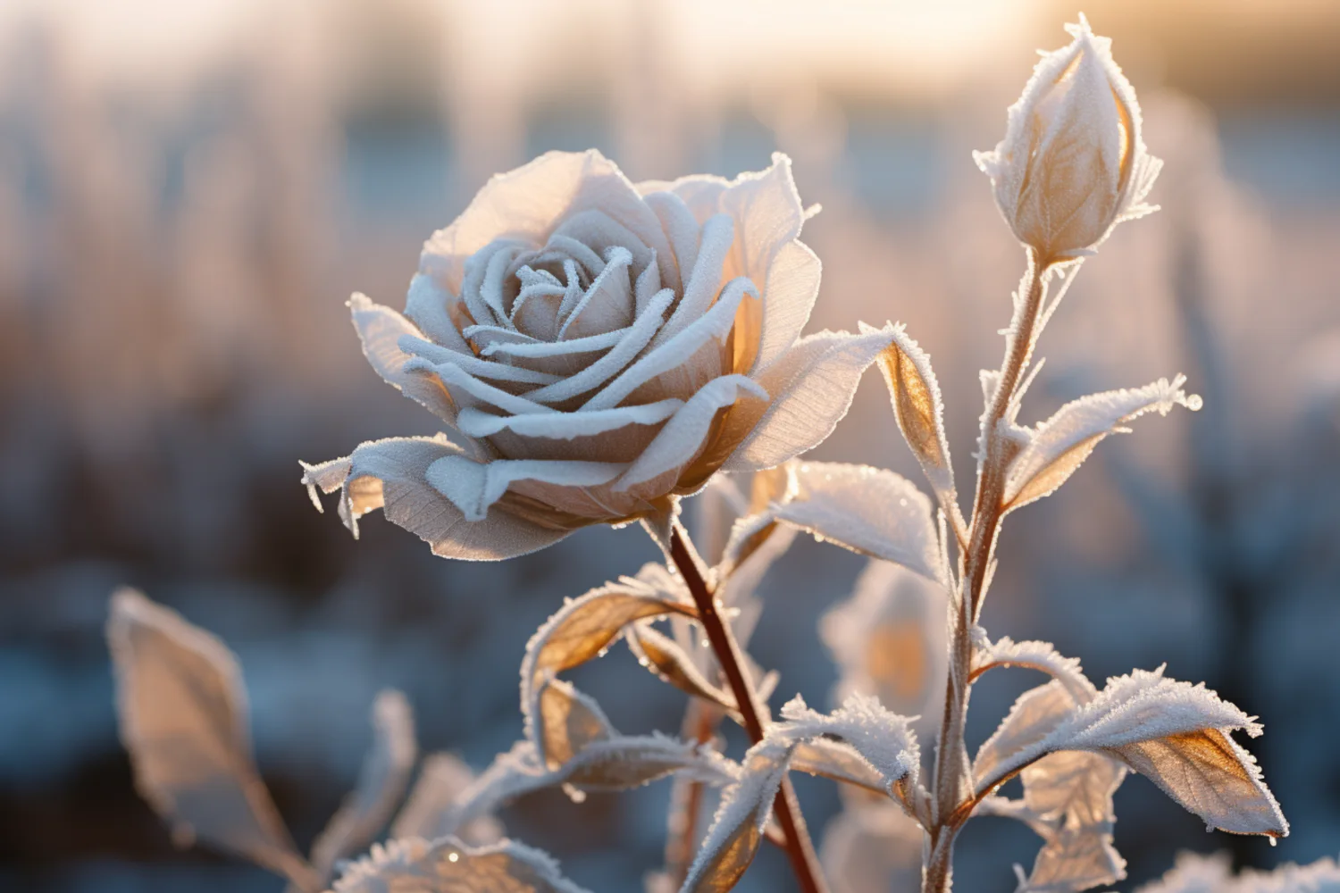 Bedeckte Raureif Rose mit Knospe im Sonnenlicht