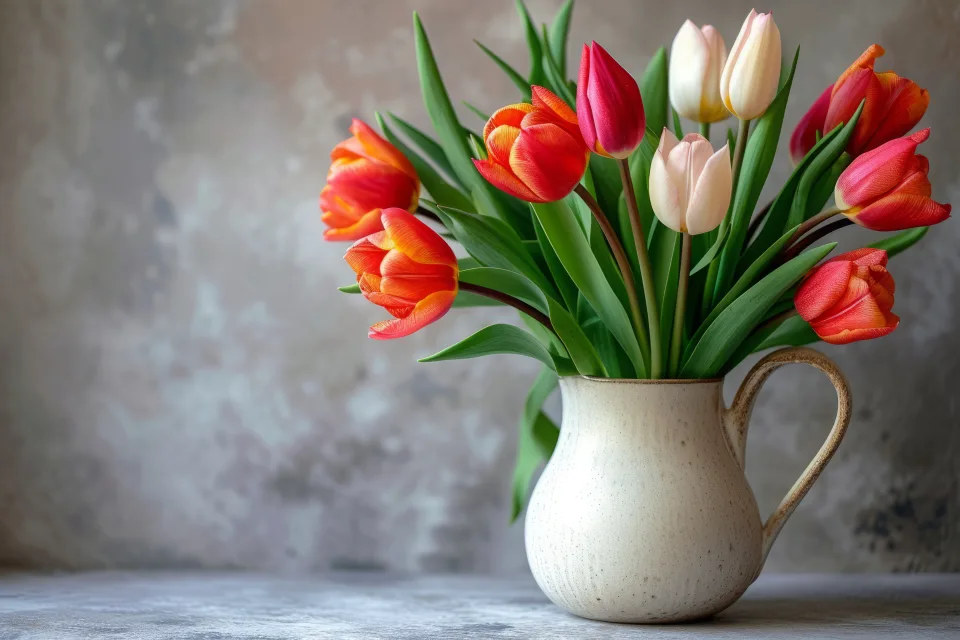 Blumenstrauß bunten Tulpen in Vase vor dem Hintergrund grauen Mauer