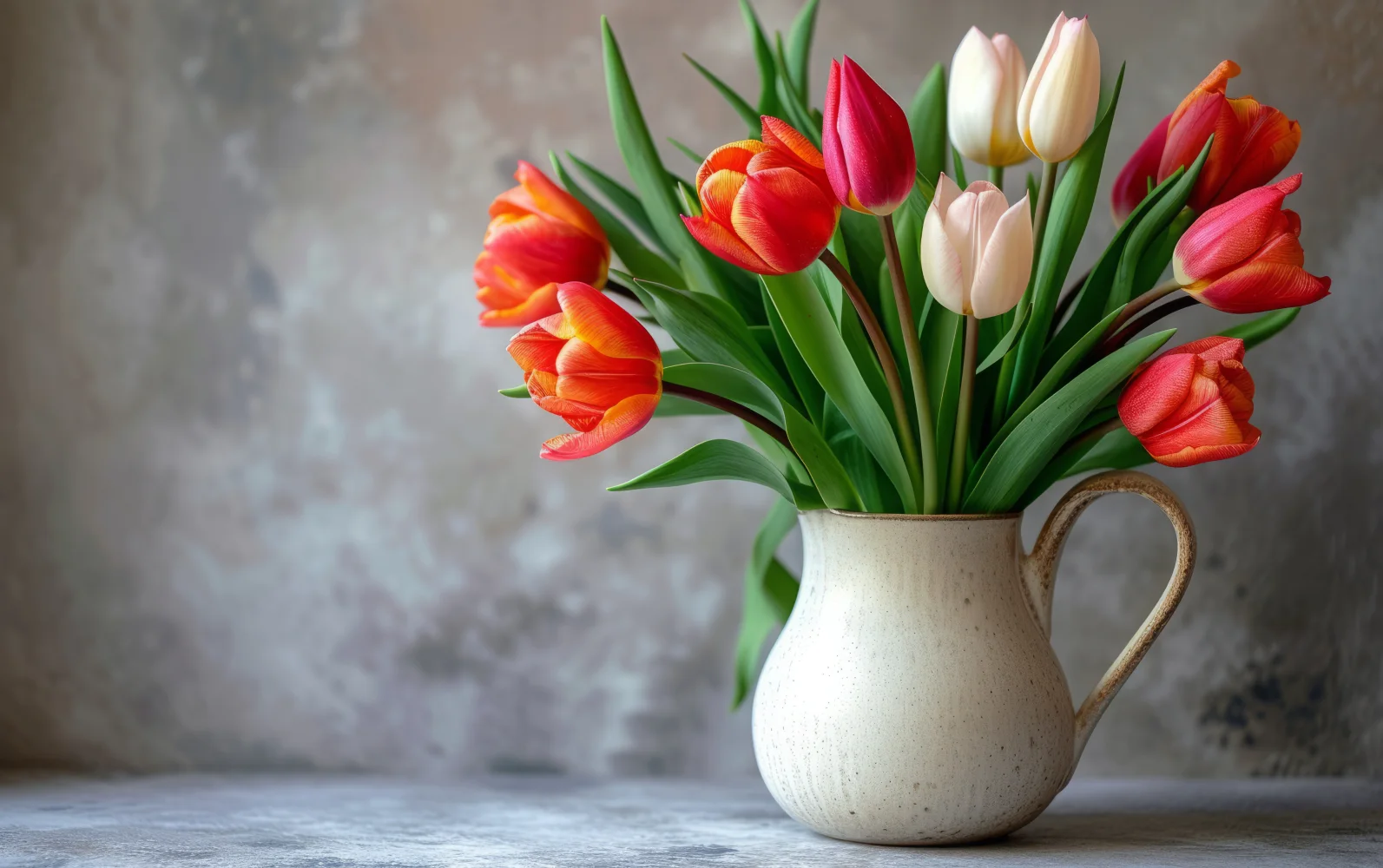 Blumenstrauß bunten Tulpen in Vase vor dem Hintergrund grauen Mauer
