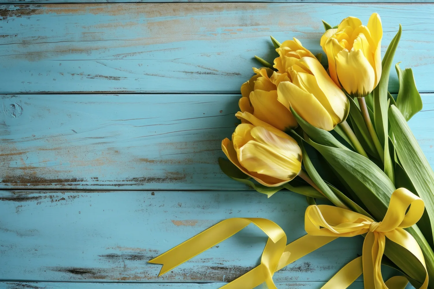 Blumenstrauß gelben Tulpen mit Schleife auf hellblauem Tisch