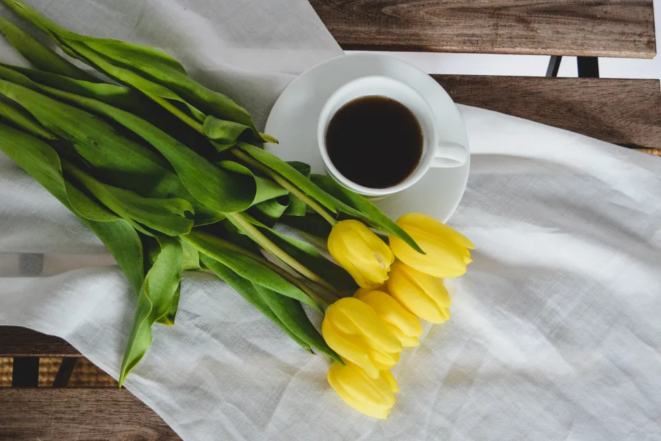 Blumenstrauß gelben Tulpen mit Tasse Kaffee auf Bank