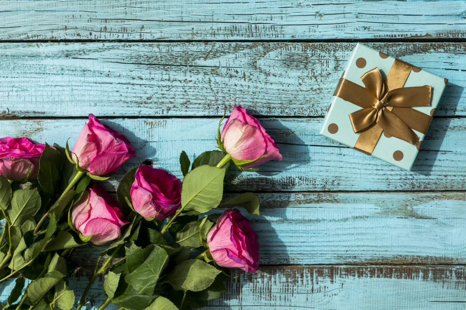 Rosa Rose mit einem Geschenk vor hellblauem Hintergrund auf Tag