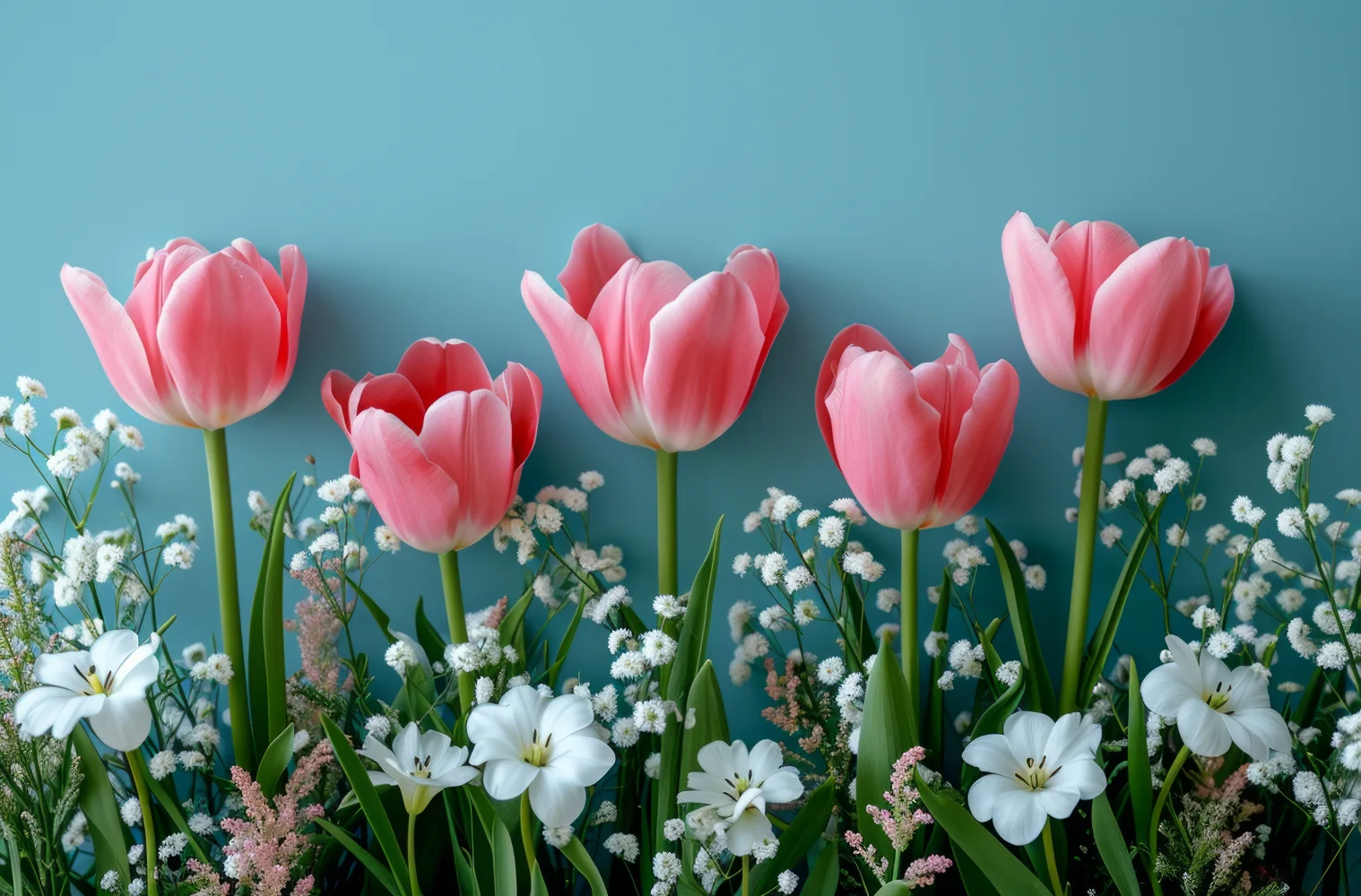 Rosa Tulpen mit weißen Blumen auf hellblauem Tisch