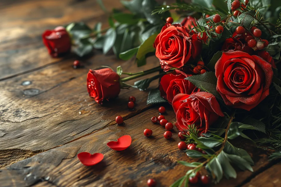 Rote Rose auf hölzernem Tisch