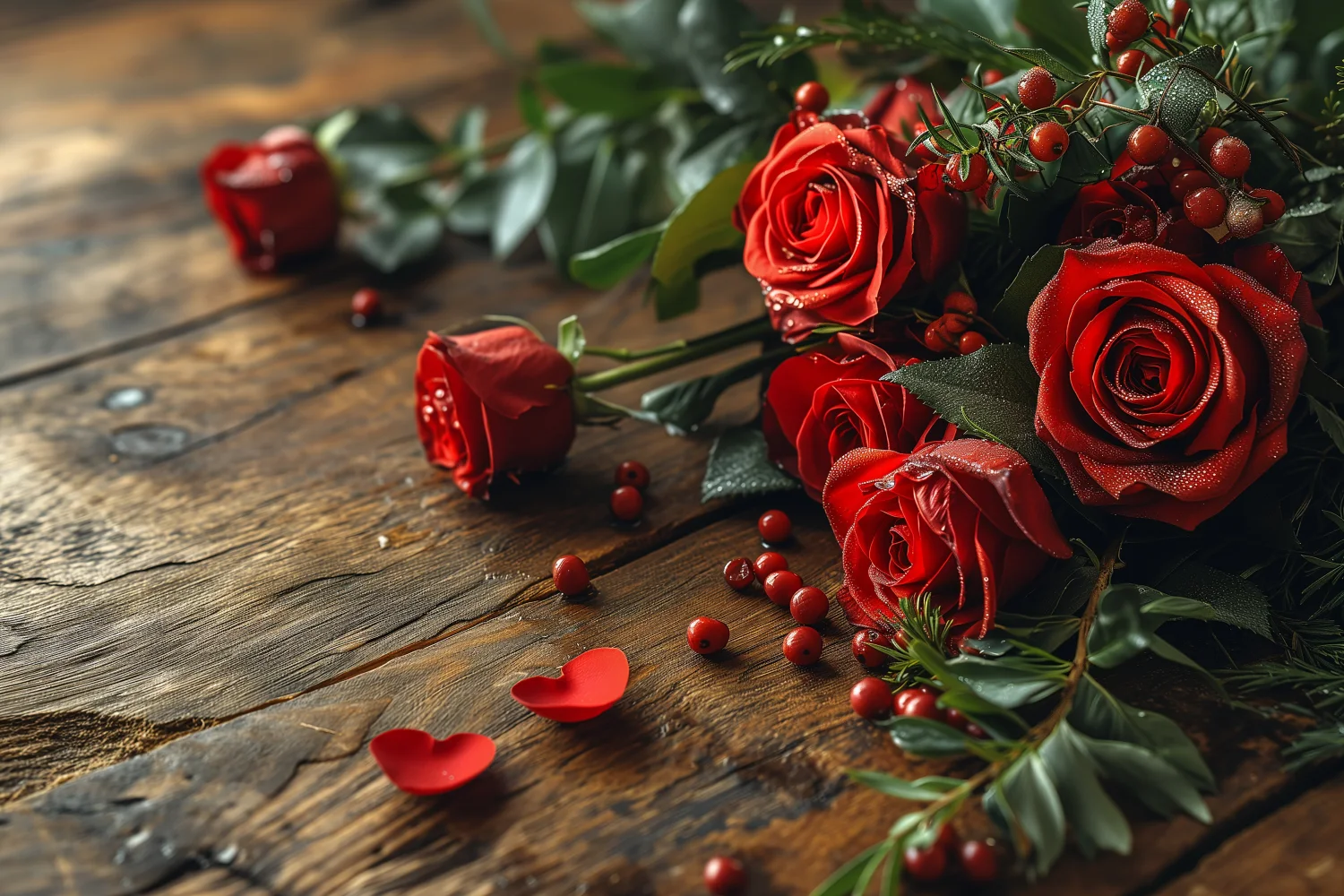 Rote Rose auf hölzernem Tisch