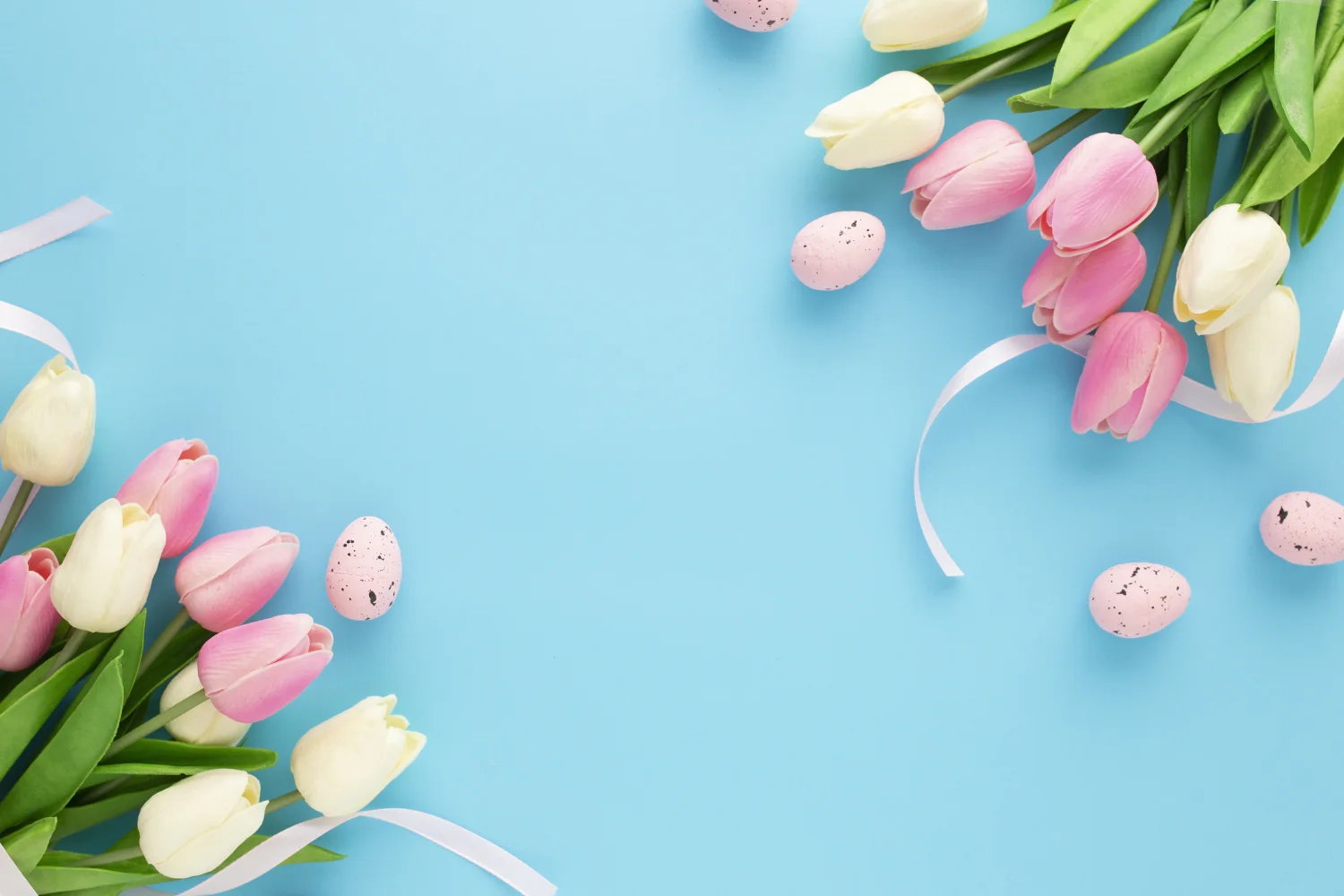 Schöne Tulpen mit Eiern vor hellblauem Hintergrund
