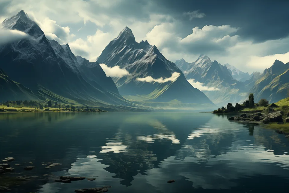 Berge in weißen Wolken am Fluss