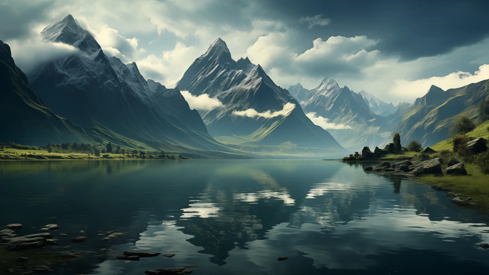 Berge in weißen Wolken am Fluss