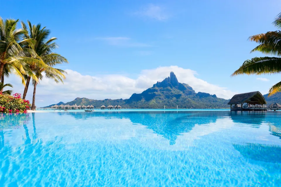 Blick auf Wasser Insel Kiefernwaldes Kiefernwaldes vor einer Bergkulisse