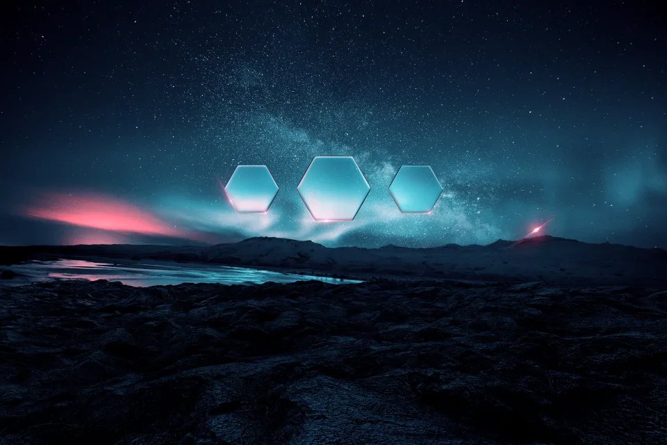 Digitale Kunst von Hexagons, Berge, Sterne, Aurora borealis